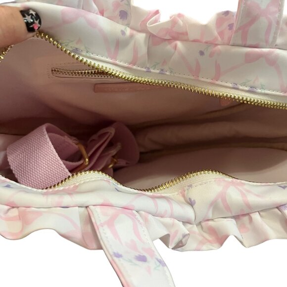 STONEY CLOVER LANE HIGH TEA RUFFLE MINI HEART TOTE SUGAR CUBE WHITE BOWS PINK - Picture 6 of 7